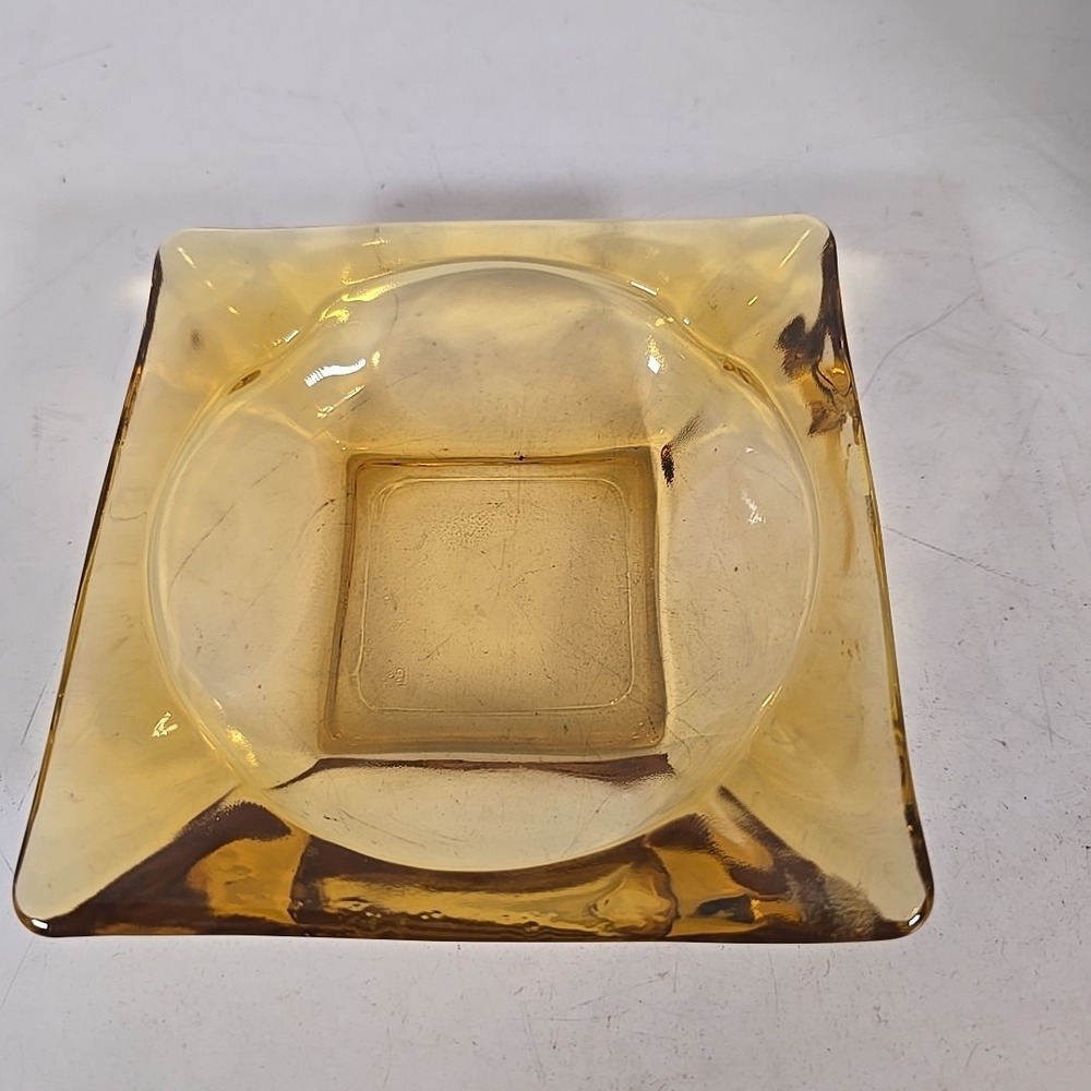 Vintage Dark Amber Glass Square Ashtray Measures 4‎ 5/8" Square Excellent Cond
